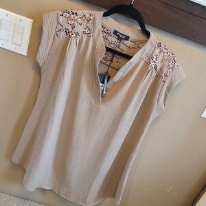 Papa Taupe Lace-Trim Cap-Sleeve V-Neck Blouse